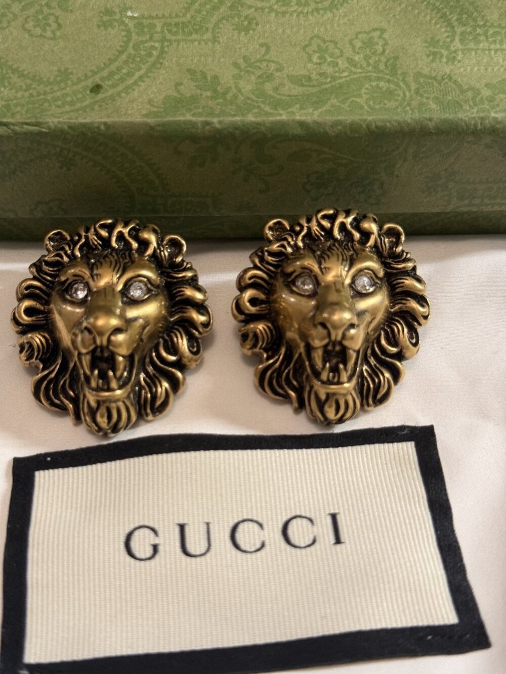 Gucci Lion Head Earrings Aged Gold Crystal Eyes w/ Box & Dust Bag